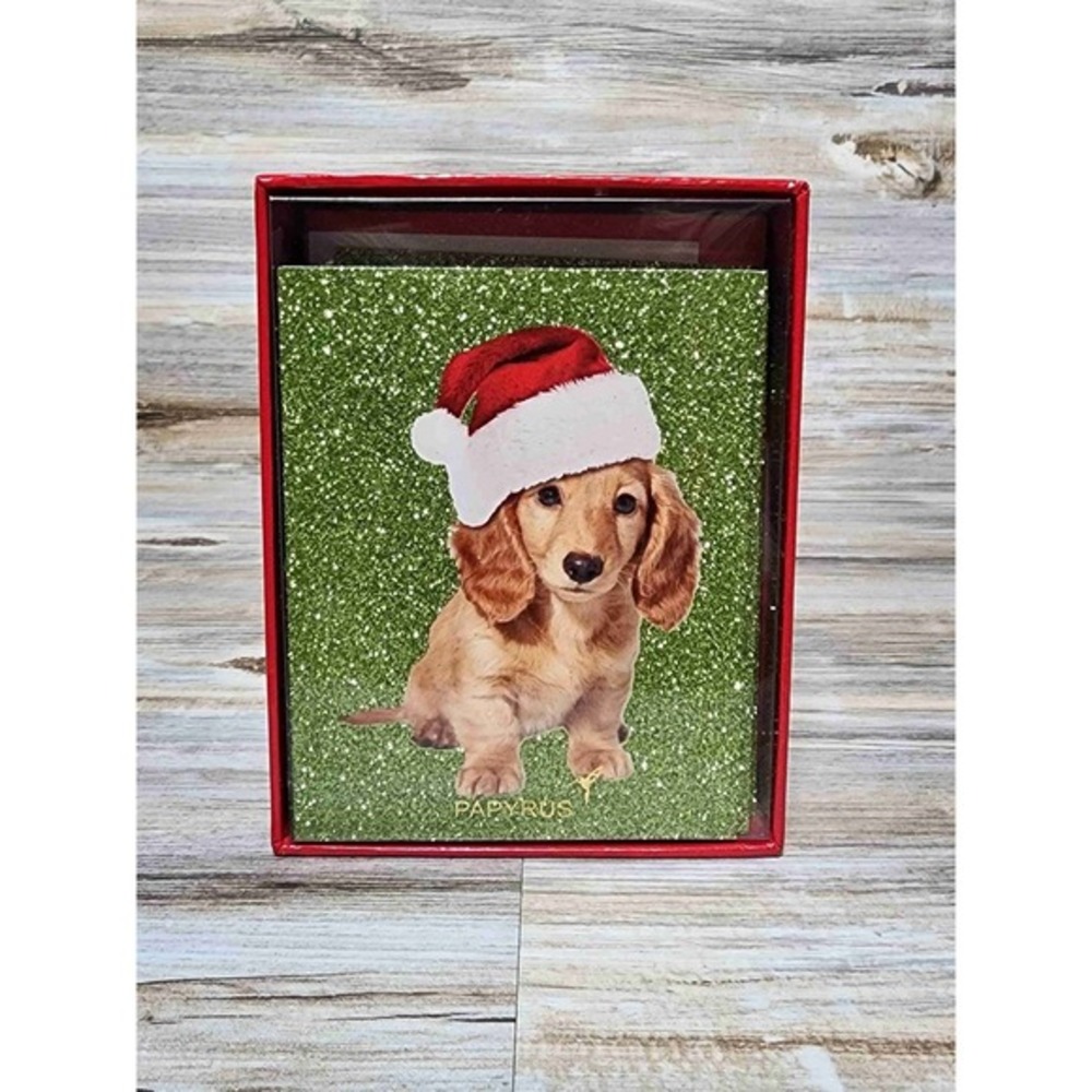 NEW Papyrus‎ Puppy With Santa Hat Glitter Background Holiday Cards